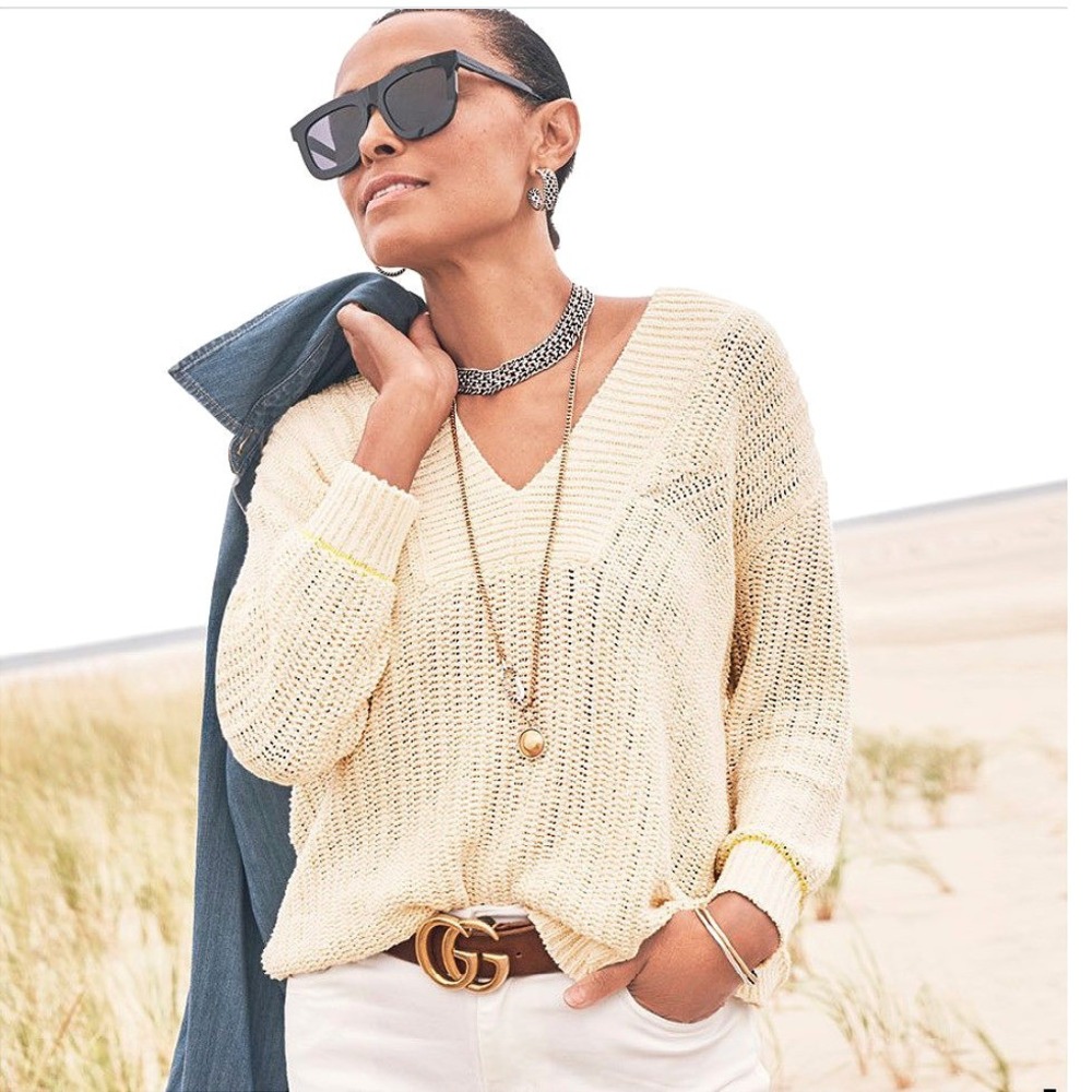 Cabi 6233 Relaxed‎ V-Neck Cream Cotton Blend Open Knit Pullover Sweater Womens L